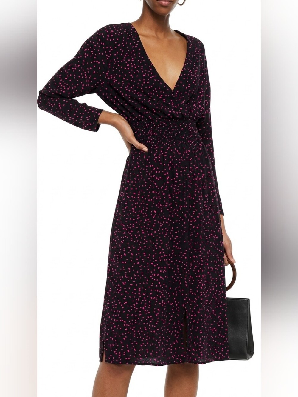 Maje Rosila Altered Crepe Midi Dress In Pink & Black Abstract Tear Print